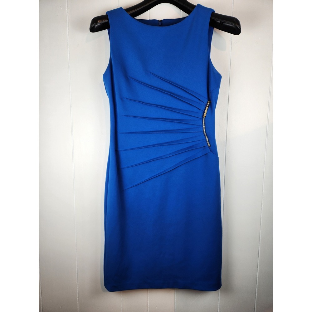 Ivanka Trump Royal Blue Starburst Pleated Sheath Dress Gold Side Zip Womens 4
